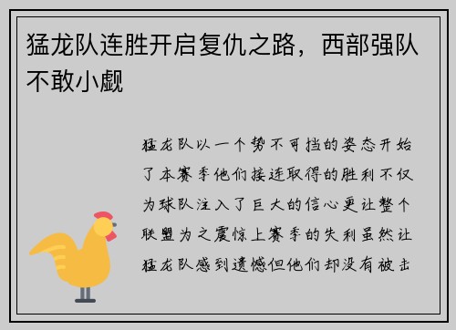 猛龙队连胜开启复仇之路，西部强队不敢小觑